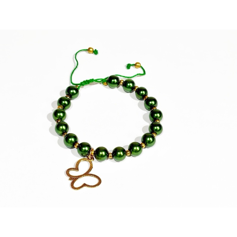 Green Beaded Bracelet Gold Butterfly Charm Adjustable Handmade Boho - Picture 2 of 5